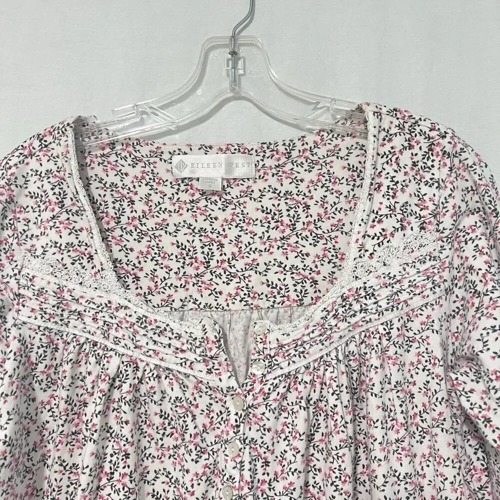 Eileen West Nightgown Small 100% Cotton Flannel Floral Pink Cottagecore Lace
